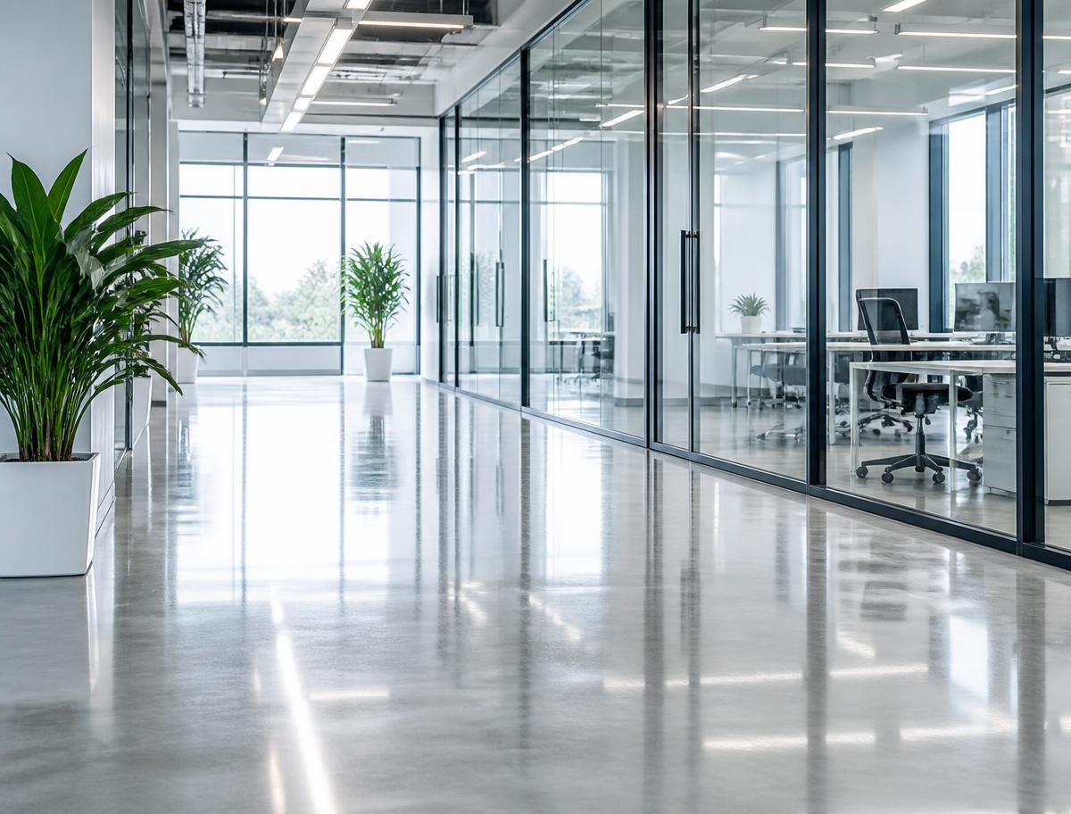 Spotless modern office hallway after a commercial cleaning service