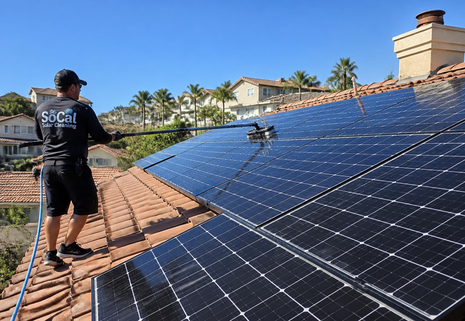 Professional cleaning rooftop solar panels in Southern California